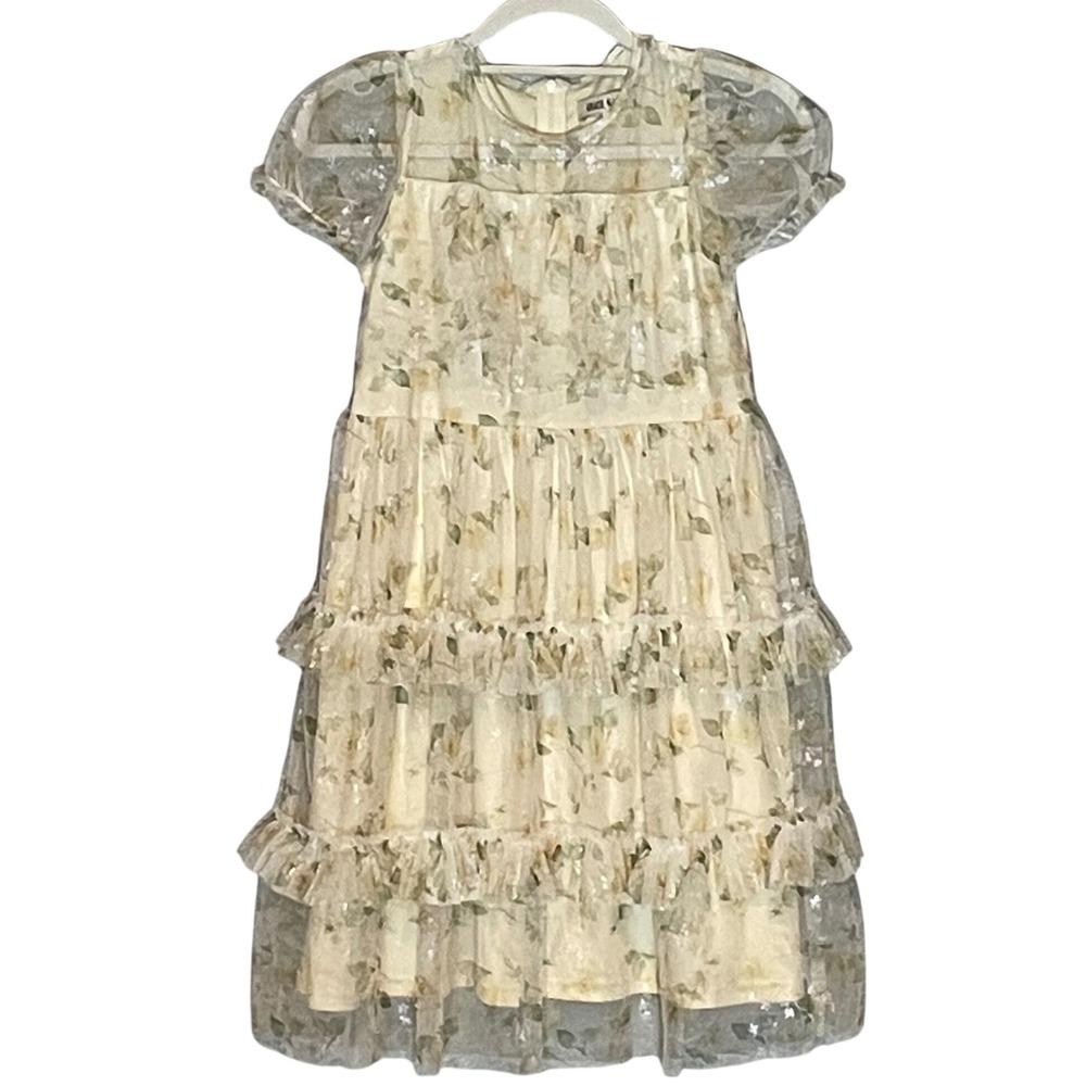 Regencycore Girls Cream Floral Mesh Tiered Puff Sleeve Party Dress Size 7Y